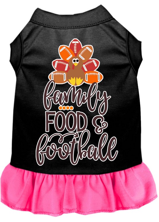 Family, Food, and Football Screen Print Dog Dress Black with Bright Pink XS